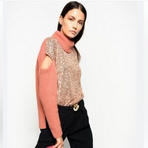 PINKO Blizzard Sweater cold shoulder sequined orange Medium